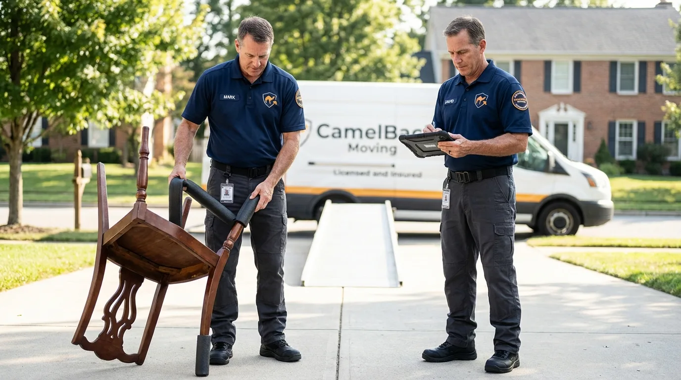 Movers inspecting furniture for damage prevention before loading in Tilton, NH
