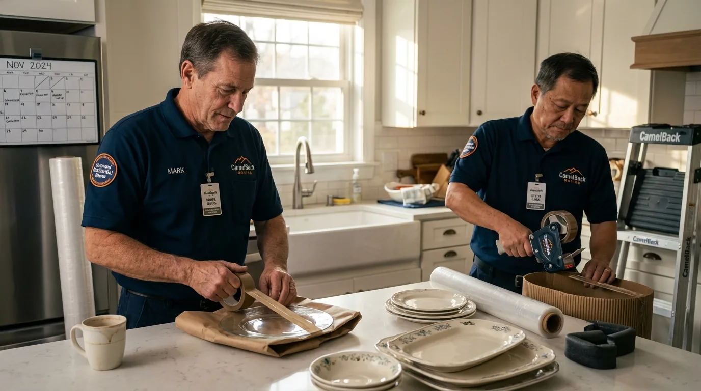 Professional crew packing kitchen dishware in Tilton, NH